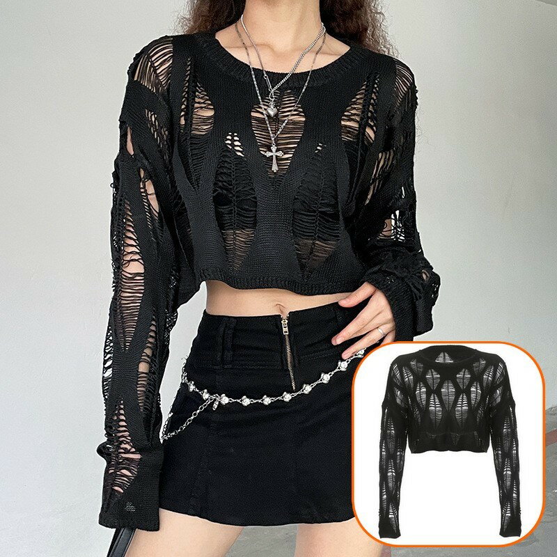 送料無料 ニット レディース ショート丈 へそ出し 長袖 パフスリーブ オフショルダー 穴開き ダメージ加工 シースルー 透け感 セクシー