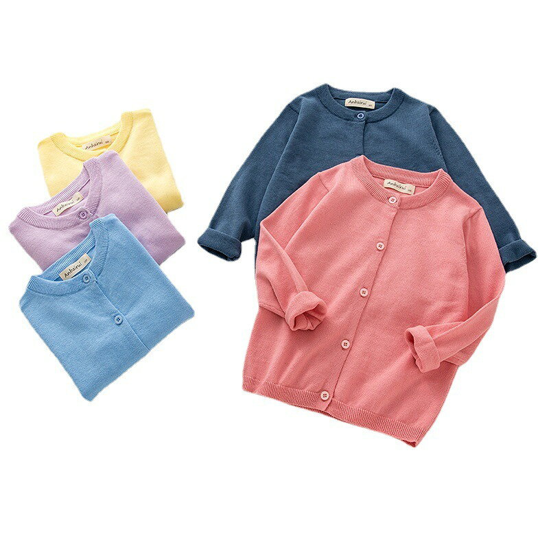 送料無料 カーディガン ニット キッズ ベビー 子供用 女の子 男の子 トップス 羽織り 長袖 前開き 前ボタン ラウンドネック リブ袖 無地 シンプル カジュアル 着回し力 合わせやすい お洒落 可愛い お出かけ 外出 普段使い 女児 男児 子供服 2