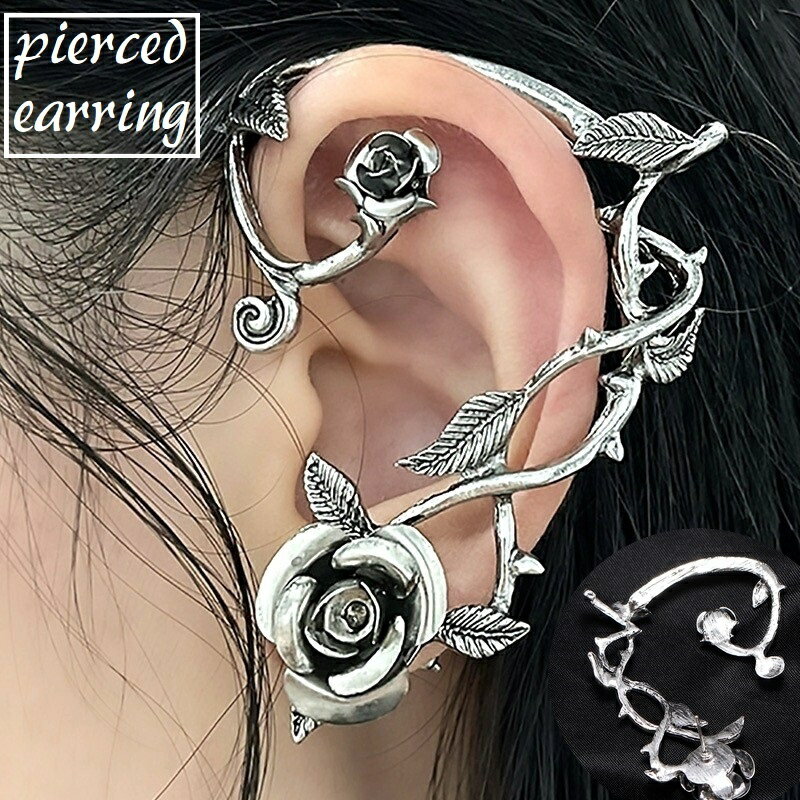送料無料 スタッドピアス ピアス イヤーカフ風 レディース 女性 アクセサリー 耳飾り バラ 薔薇 ローズ 大ぶり ゴシック パンク ゴスロリ おしゃれ かっこいい リーフ 葉 お出かけ パーティ プレゼント ギフト 誕生日 記念日 黒 金色 銀色のサムネイル