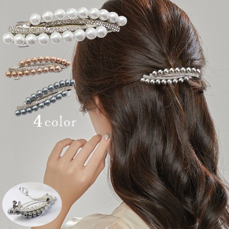 送料無料 バレッタ レディース 女性用 ヘアアクセサリー ヘアクリップ 髪留め 髪飾り フェイクパール ラインストーン フォーマル 大人 まとめ髪 リボン 蝶結び 大きめ ヘアアレンジ エレガント 入学式 入園式 ウエディング かわいい