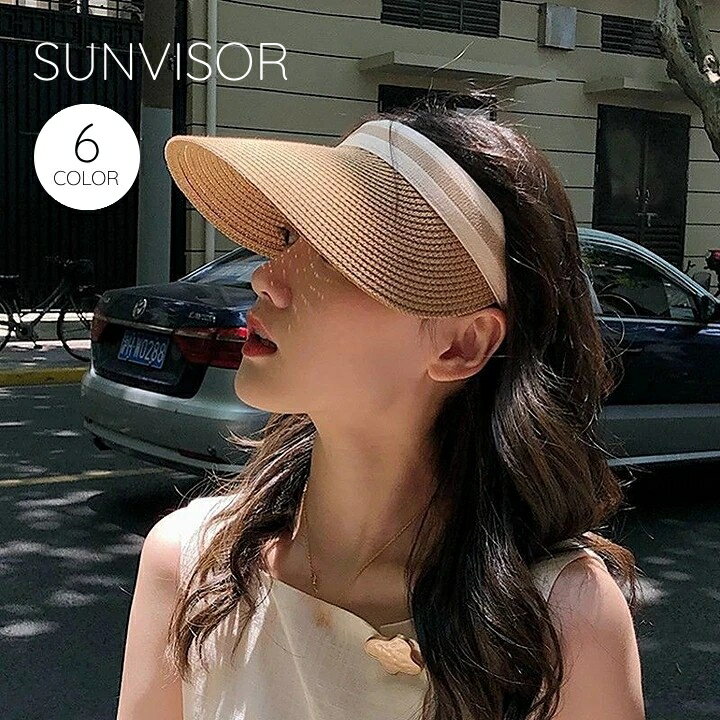 送料無料 サンバイザー 日除け 日よけ帽 麦わら帽子 レディース 女性 婦人 ストローハット 帽子 ぼうし ハット つば広 ライン カジュアル シンプル 紫外線対策 日焼け対策 お出かけ