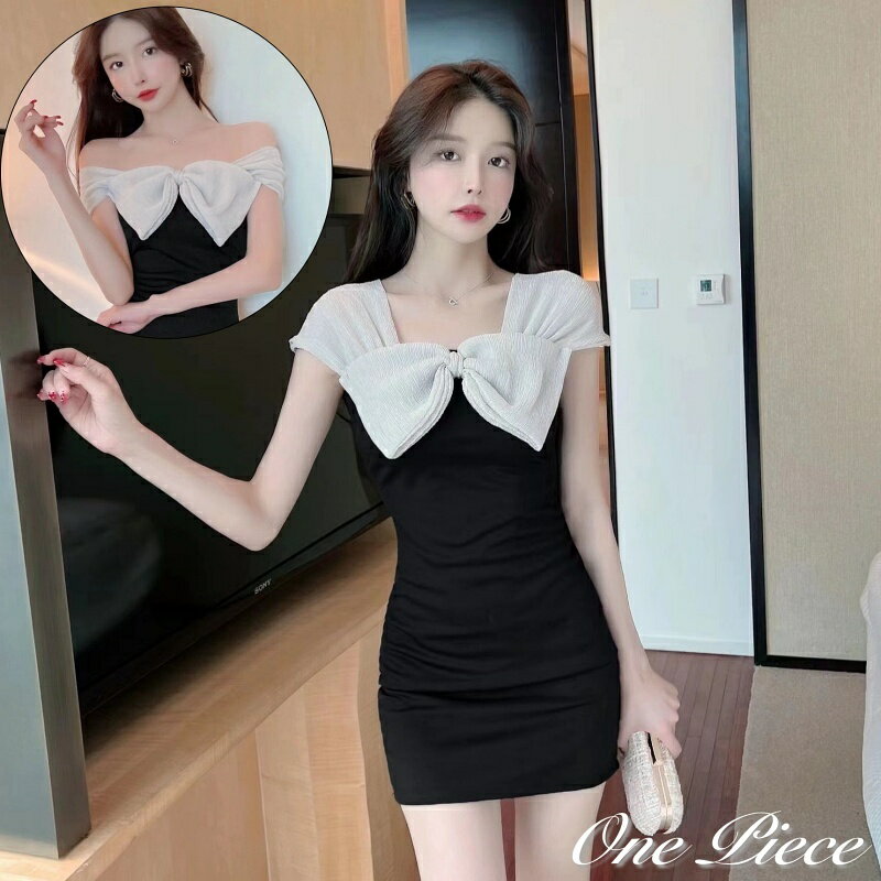 送料無料 ワンピース タイト ショート丈 レディース 女性 ミニ丈 半袖 オフショルダー 2way スクエアネック ビッグリボン フロントリボン リボン スリム フィット お洒落 パーティ お呼ばれ お出かけ 婦人服
