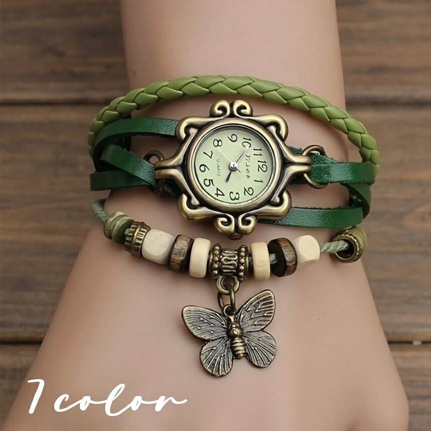 送料無料 腕時計 ブレスレットウォッチ アナログ 丸型 ラウンド アンティーク調 レディース 女性 チャーム 蝶 ウッドビーズ レトロ 秒針 フェイクレザー レザー調 多重ブレスレット風 時計 アクセサリー お洒落 可愛い カジュアル お出かけ 普段使い 婦人