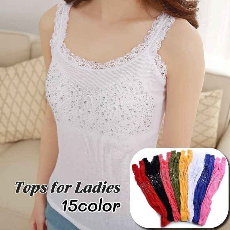 送料無料 キャミソール トップス ノースリーブ レディース 女性 レース ビジュー ラインストーン ストーン キラキラ ラウンドネック 無地 シンプル 華やか お洒落 カジュアル 重ね着 着回し 普段着 袖なし インナー 下着 肌着 夏 春 ブラック ホワイト