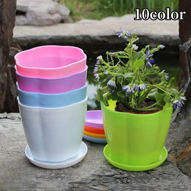 送料無料 植木鉢 受け皿付き フラワーポット プランター プラ鉢 丸型 ラウンド型 プラスチック製 観葉植物 多肉植物 園芸 ガーデニング かわいい おしゃれ カラバリ豊富 ホワイト ブラック ピンク 白 黒