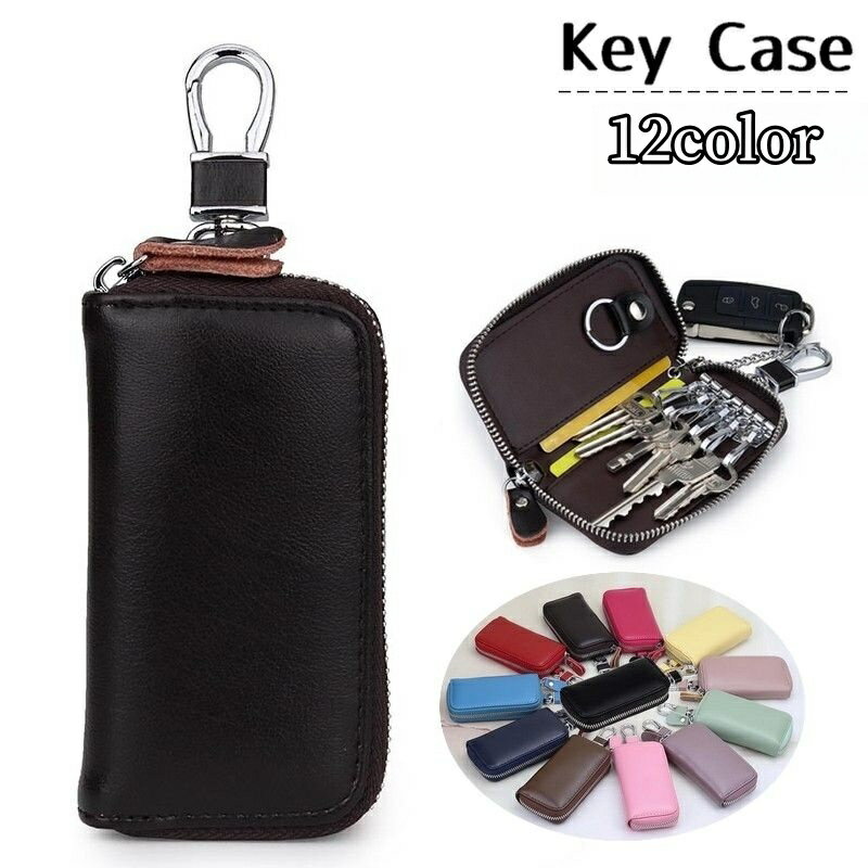 送料無料 キーケース スマートキーケース 6連 キーポーチ 本革 カラビナ付き カード入れ ファスナー ジッパー 鍵入れ 収納 持ち運び便利 紛失防止 落下防止 おしゃれ カラバリ豊富 黒 ブラック ブラウン ブルー ギフト お祝い プレゼント