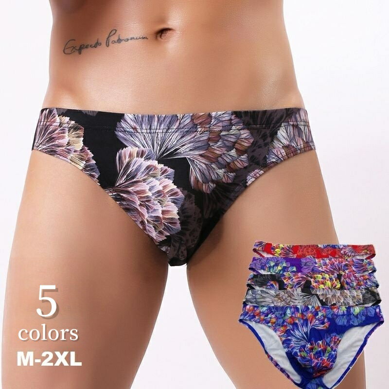 送料無料 ビキニショーツ メンズ ブリーフ 男性用 下着 アンダーウエア プリント 柄 紳士用 インナー ローウエスト パンツ ブラック ブルー グレー レッド