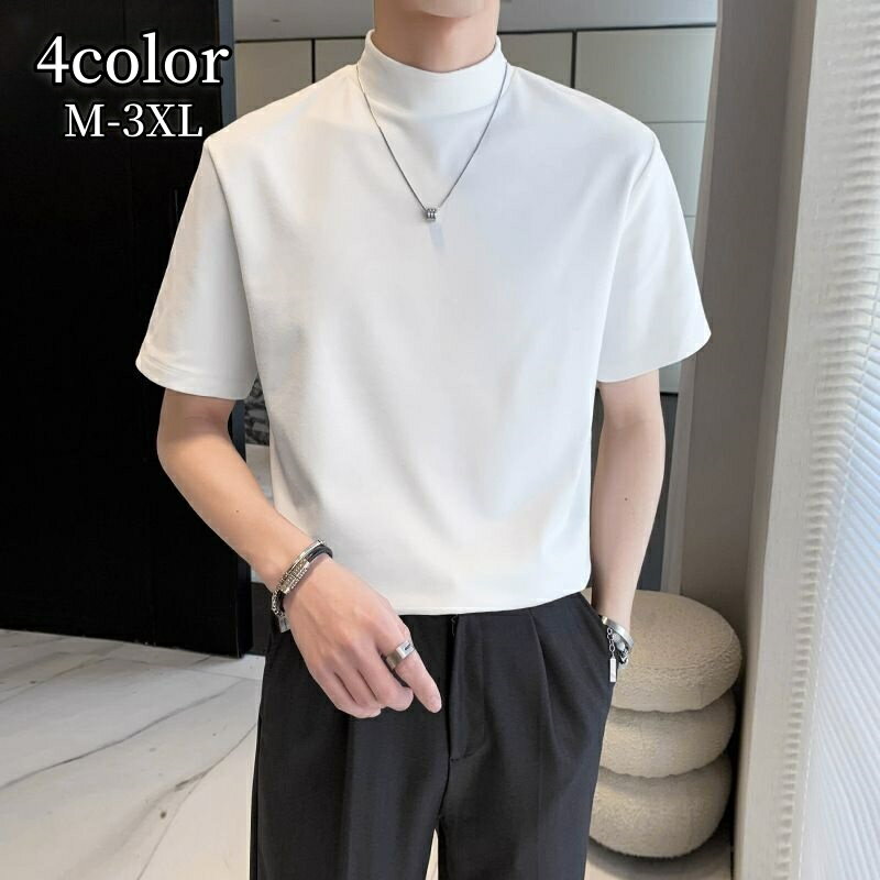 送料無料 カットソー メンズ 男性用 紳士用 トップス 大きいサイズあり トップス 半袖 ハイネック 無地 単色 ホワイト ブラック シンプル カジュアル おしゃれ 着まわし ヘビロテ デイリー 白 黒 ダークグレー グレーブルー