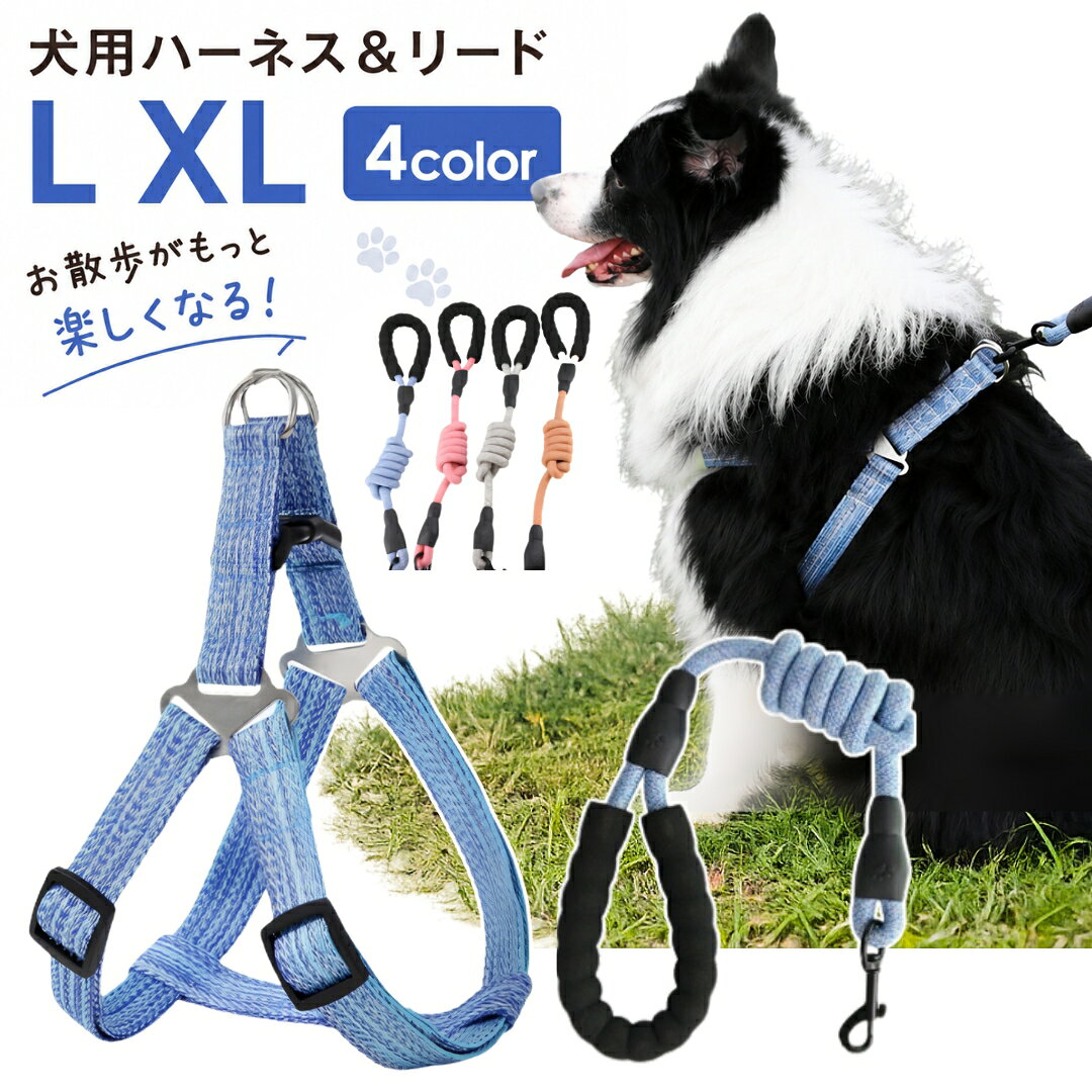 お散歩がもっと楽しくなる、ハーネス＆リードセット♪ ワンタッチバックルで着脱カンタン！ 握りやすいグリップ付きリードで、操作性も◎ 【サイズについて】 画像をご参照ください。 【カラーについて】 生産ロットにより柄の出方や色の濃淡が異なる場合がございます。 お使いのモニターや撮影時の光の加減などにより 画像と実際の商品のカラーが異なる場合もございます。 予告なしにカラーやデザインなどの変更がある場合もございます。 【素材について】 ポリエステル