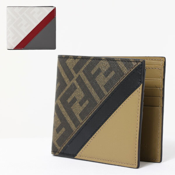 フェンディ 【5/18限定！当選確率1/2 最大100％バック】FENDI フェンディ Fendi Diagonal Bi-Fold Wallet 二つ折り財布 折りたたみ財布 小銭入れなし コンパクト FFロゴ ズッカ柄 レザー メンズ 7M0169AJF8