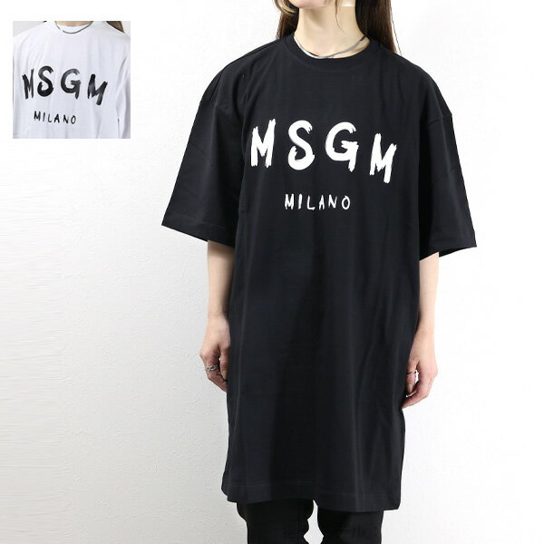 楽天LaG OnlineStore　楽天市場店【5/18限定！当選確率1/2 最大100％バック】MSGM エムエスジーエム LOGO DRESS 2000 MDA510 200002 ブラッシュロゴ 半袖 Tシャツ ロング丈 Tシャツワンピース ロゴ コットン レディース