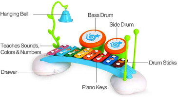 Baby Toys楽器のおもちゃ(木琴&ドラム&ベル) 6曲の音楽カード付き♪レインボー ピアノ シロフォン ミュージカル、8つの木琴 太鼓 たいこ 知育 音楽 ピアノ キーボード 学習 誕生日 クリスマス