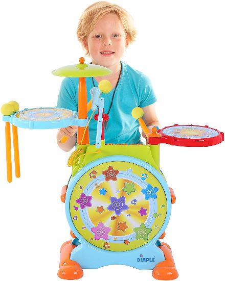 おもちゃのドラム Dimple楽器のおもちゃ(ドラムセット)スティック＆マイク＆椅子付き♪ 歌うための可動式マイクを備えた子ども用のドラムセット ベースドラムとペダル（調節可能なボリューム）太鼓 たいこ バスドラ 知育 音楽 学習 誕生日 クリスマス