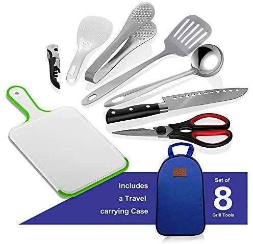 Gold Armourキャンプキッチン用品(8点セット・ブルー) 持ち運び簡単!バーベキューキャンプ調理器具トラベルキット 防水ケース・栓抜き付きはさみ、ユーティリティナイフ、まな板、ヘラ、栓抜き、トング、おたま、パドル トラベルセット アウトドア 青通販格安セール情報 楽天 通販
