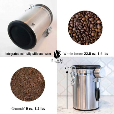 Bean Envyコーヒーキャニスター(シルバー・22.5オンス)約665ml CO2を排出するWicovalve製の脱ガスバルブ 日付セット コーヒー豆、お茶、小麦粉、砂糖などを保管 珈琲 気密性 収納