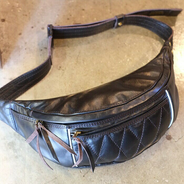 WEST RIDE(ウエストライド)　【RIDING WAIST BAG BLK TYPE1】《定番　プレーンタイプ》ライディングウエストバッグ　ボディーバッグ レザーキルテイングパッド ホースハイド 日本製 MADE IN JAPAN