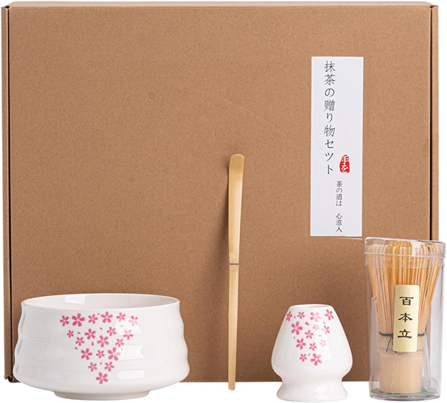 商品情報4点セット内容1*竹茶筅（茶筅）百本立、1*茶匙（茶杓）、1*注ぎ口付き陶器抹茶茶碗（茶わん）、1*陶器茶筅スタンド。 初心者向けの抹茶道具を豊富に取り揃えております。シンプルな素材この抹茶ツールセットは抹茶初心者やアマチュアに最適な、抹茶作りに欠かせないツールがほぼすべて揃っています。高品質のセラミックと竹の素材で作られています。すべての素材は自然で毒性がなく、安全で信頼性の高い方法で使用できます。エッジ処理は繊細で滑らかに磨かれ、形はシンプルです。商品特性についてすべて個体差がございます。記載の寸法、重量、画像と多少の誤差や違いがある場合がございます。「抹茶茶碗」は、焼き物の特性上、釉薬の色・タレ具合、色の濃淡や面の凸凹のゆがみ、器の底底部や内側、外側のザラつきやスポットなどに個性がございます。その為画像と異なる場合がありますが、予めご了承下さい。天然素材（竹）を使用した商品につきましては、節の具合や斑模様などすべて個体差がございます。自然本来の味としてお愉しみください。操作簡単これは、お茶の内側のまろやかを引き出し、泡状の泡の中に抹茶パウダーを泡立てするのに役立ちます。気軽に抹茶を始めたい！これだけあれば届いたその日からお抹茶が楽しめるセットです。ユニークなギフトのアイデアこのアクセサリセットは、美しいカラフルな包装箱に来て、美しい抹茶茶道のために必要なすべての付属品が含まれています。 これは抹茶愛好家のための素晴らしい贈り物です。茶道具 セット 抹茶 セット 百本立 茶筅 茶筅立て 茶杓 茶さじ 抹茶碗 茶道具 4点セット お点前セット初心者さん向け 茶道セット 桜 茶道具 セット 抹茶 セット 百本立 茶筅 茶筅立て 茶杓 茶さじ 抹茶碗 茶道具 4点セット お点前セット初心者さん向け 茶道セット 桜 1*竹茶筅（茶筅）百本立、1*茶匙（茶杓）、1*注ぎ口付き陶器抹茶茶碗（茶わん）、1*陶器茶筅スタンド。 初心者向けの抹茶道具を豊富に取り揃えております。この抹茶ツールセットは抹茶初心者やアマチュアに最適な、抹茶作りに欠かせないツールがほぼすべて揃っています。高品質のセラミックと竹の素材で作られています。すべての素材は自然で毒性がなく、安全で信頼性の高い方法で使用できます。エッジ処理は繊細で滑らかに磨かれ、形はシンプルです。 すべて個体差がございます。記載の寸法、重量、画像と多少の誤差や違いがある場合がございます。「抹茶茶碗」は、焼き物の特性上、釉薬の色・タレ具合、色の濃淡や面の凸凹のゆがみ、器の底底部や内側、外側のザラつきやスポットなどに個性がございます。その為画像と異なる場合がありますが、予めご了承下さい。天然素材（竹）を使用した商品につきましては、節の具合や斑模様などすべて個体差がございます。自然本来の味としてお愉しみください。これは、お茶の内側のまろやかを引き出し、泡状の泡の中に抹茶パウダーを泡立てするのに役立ちます。気軽に抹茶を始めたい！これだけあれば届いたその日からお抹茶が楽しめるセットです。このアクセサリセットは、美しいカラフルな包装箱に来て、美しい抹茶茶道のために必要なすべての付属品が含まれています。 これは抹茶愛好家のための素晴らしい贈り物です。 5