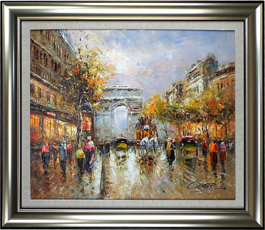 パリの絵 絵画 油絵 アートパネル開業祝い 開院祝い「パリ凱旋門の街」額入り油絵20号(額約75cm×65cm)おしゃれな壁掛け油絵の高級感がそのもの。玄関、部...