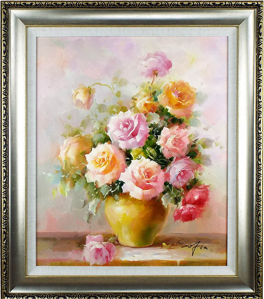バラの花束 油彩画 装飾フレーム付き 絵画 油絵 木製額縁 送料無料 バラの花束 油彩画 装飾フレーム付き 絵画 油絵 木製額縁 送料