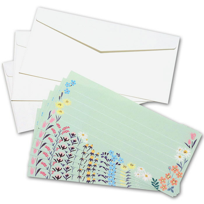 【マンスリーセール】レターセット 「花 グリーン」L320-15 便せん 封筒 横書き 罫線入り お札が入る レター 手紙 メッセージカード 上品 おしゃれ か...
