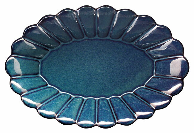 ポテリエ　オーバルプレートL　24.6cm ネイビー リム皿 紺色 皿 フラワー 陶器 日本製
