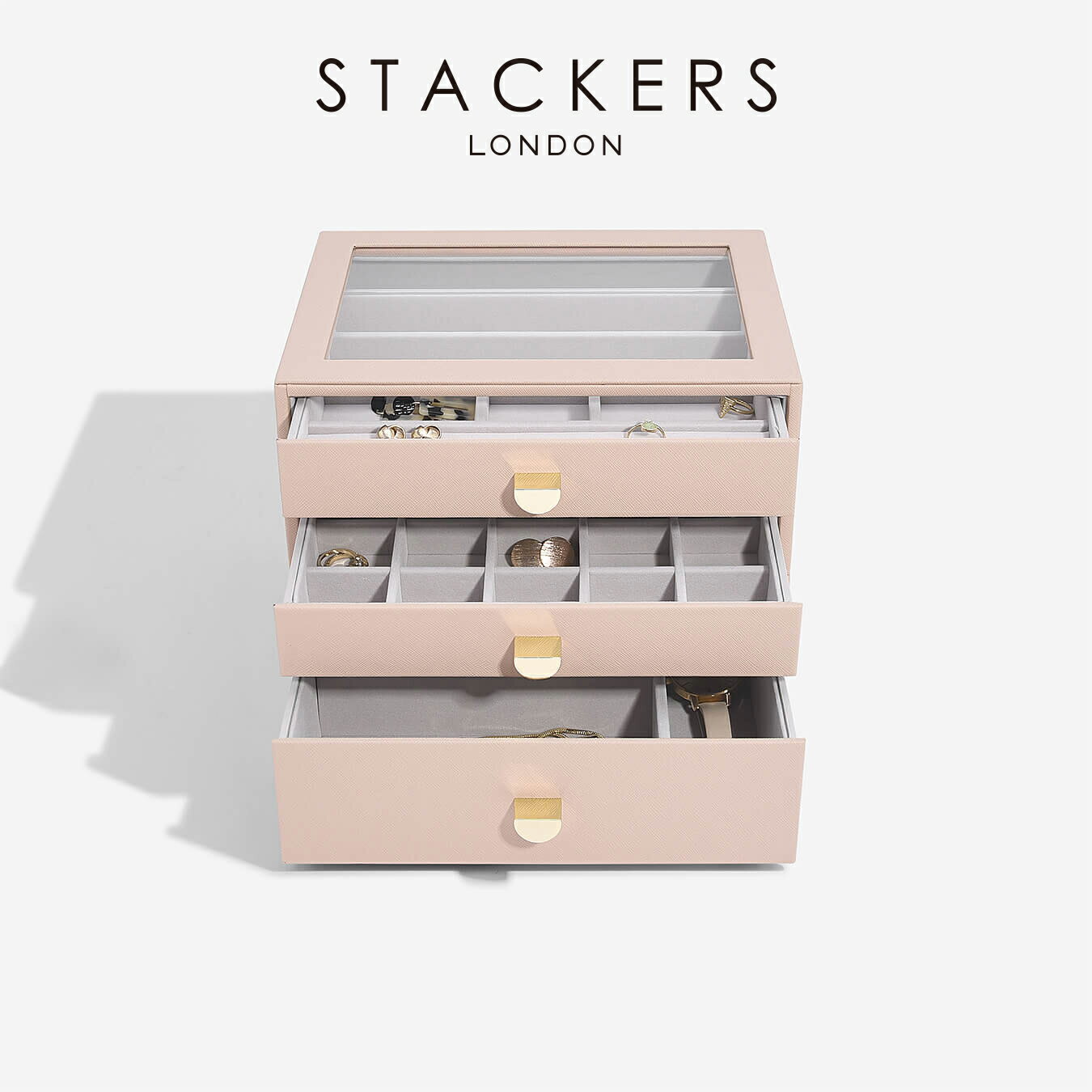 【STACKERS】クラシック　ドロワージュエリーボックス 選べる3個セット ブラッシュピンク　Blush Pink 引き出し　ガラス スタッカーズ ..