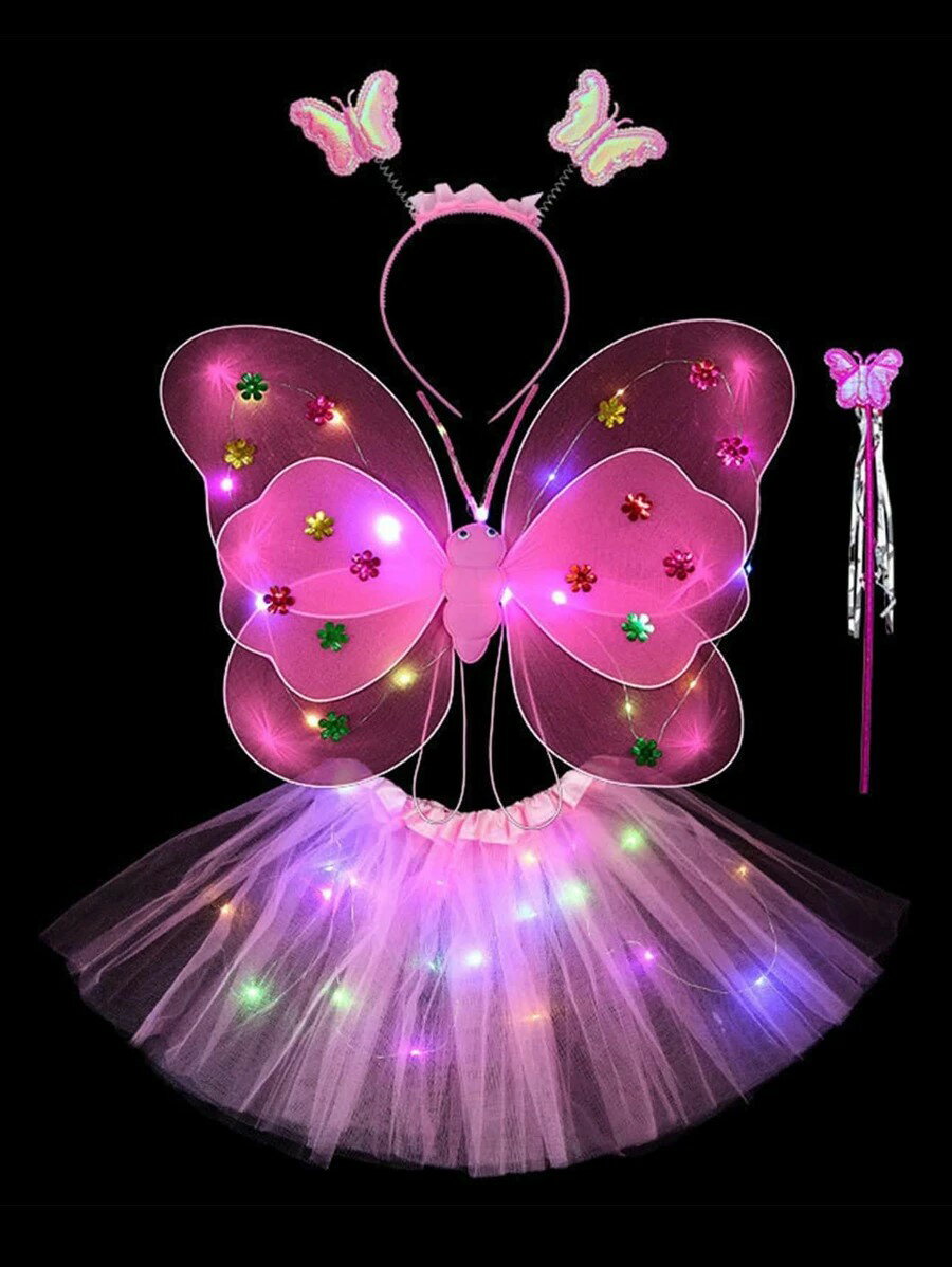光る 蝶の羽 桜色 子供用 美しい 花フェアリー セット (ヘアピン、ステッキ、翼、スカート含む)