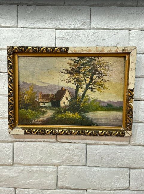 5249　油絵　アンティーク　風景画　湖と一軒家 フランス 買い付け品　美術品　バー　インテリア　撮影　スタジオ　雑誌　ビンテージ bbb