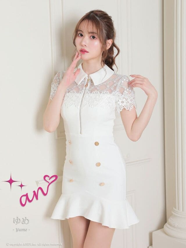 【盛りブラ付き】アン AN マーメイド ミニ ワンピース 襟付き レース XS〜Mサイズ フロントファスナー キャバ ドレス 送料無料 キャバドレス ANDY アンディ 可愛い レディース 袖あり キャバクラ ラウンジ セクシー シンプル 二次会 結婚式 パーティー AOC3465 即日発送