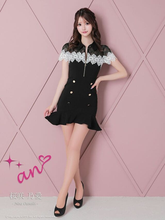 【盛りブラ付き】アン AN マーメイド ミニ ワンピース 襟付き レース XS〜Mサイズ フロントファスナー キャバ ドレス 送料無料 キャバドレス ANDY アンディ 可愛い レディース 袖あり キャバクラ ラウンジ セクシー シンプル 二次会 結婚式 パーティー AOC3465 即日発送
