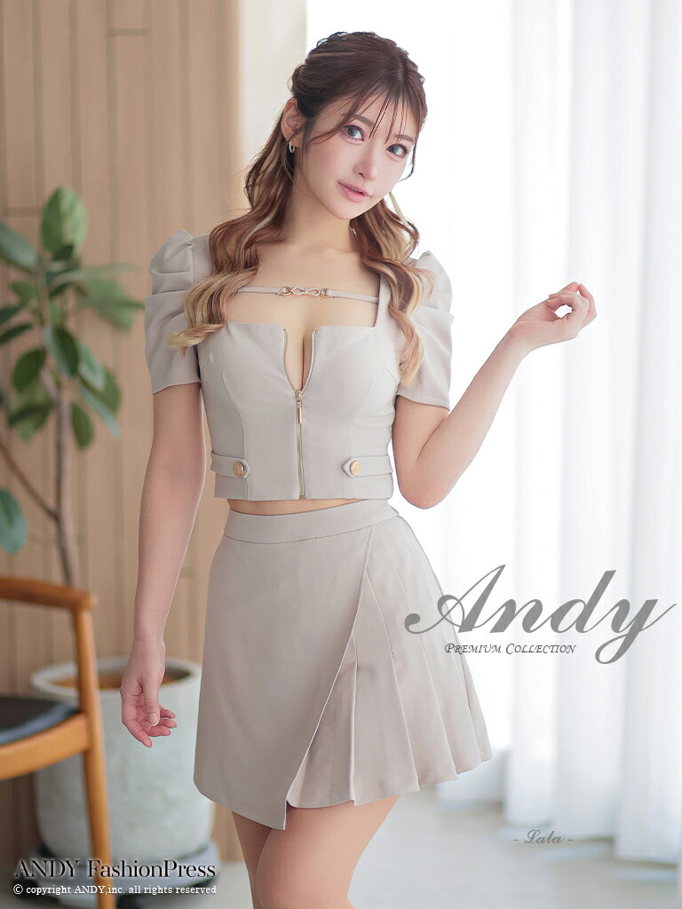 【盛りブラ付き】アンディ ANDY 半袖 ウエストカット パフスリーブ スクエアネック ジップ ジップデザイン ボタン ビジューチャーム ワンカラー プリーツ フレア ミニ キャバ ドレス 送料無料 キャバドレス ミニドレス キャバ嬢 キャバクラ ラウンジ アン 衣装 anon2904