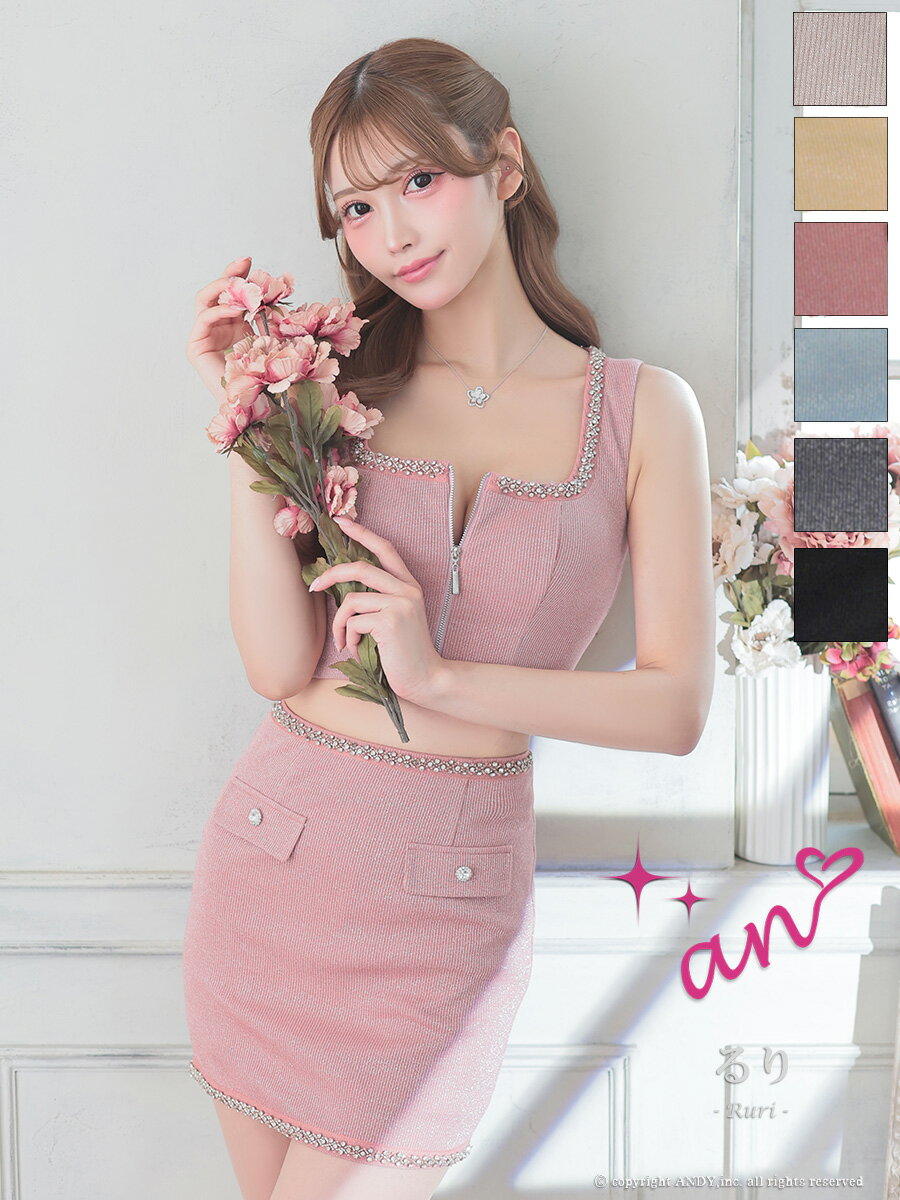 【盛りブラ付き】アン AN キャバドレス ノースリーブ セットアップ ワンカラー ビジュー ジップデザイン ジップ タイト ミニ キャバ ドレス 送料無料 セクシー キャバドレス ANDY アンディワンピ キャバ嬢 キャバクラ ブランド ラウンジ 結婚式 タイトミニ aoc3867