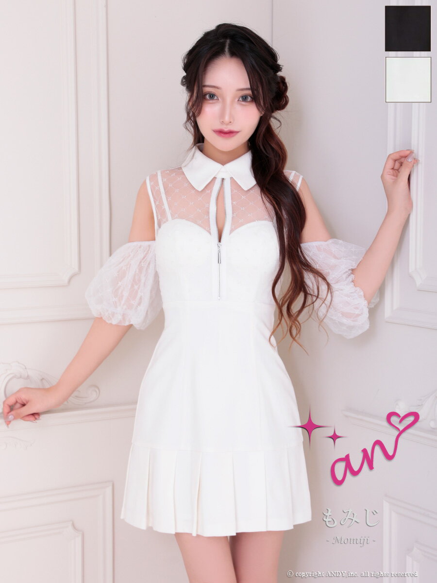 【盛りブラ付き】アン AN キャバドレス 半袖 肩あき シアー 谷間 ジップ ジップデザイン ワンカラー プリーツ チェック フレア ミニ キャバ ドレス 送料無料 キャバドレス ANDY アンディワンピ キャバ嬢 キャバクラ ブランド セクシー ラウンジ 結婚式 フレアミニ aoc3869