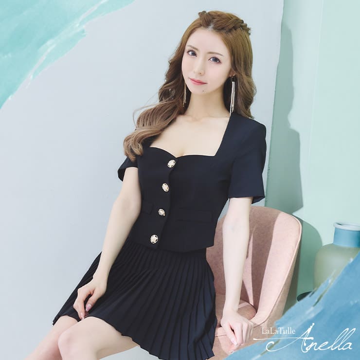 Anella アネラ 韓国ドレス 半袖 プリーツスカート セットアップ ミニ キャバ ドレス 送料無料 高級 キャバドレス ワンピース パーティードレス 結婚式 大人 母親 キャバクラ キャバ嬢 ワンピ レディース 女性 セクシー フォーマル お呼ばれ 黒 袖あり Tika