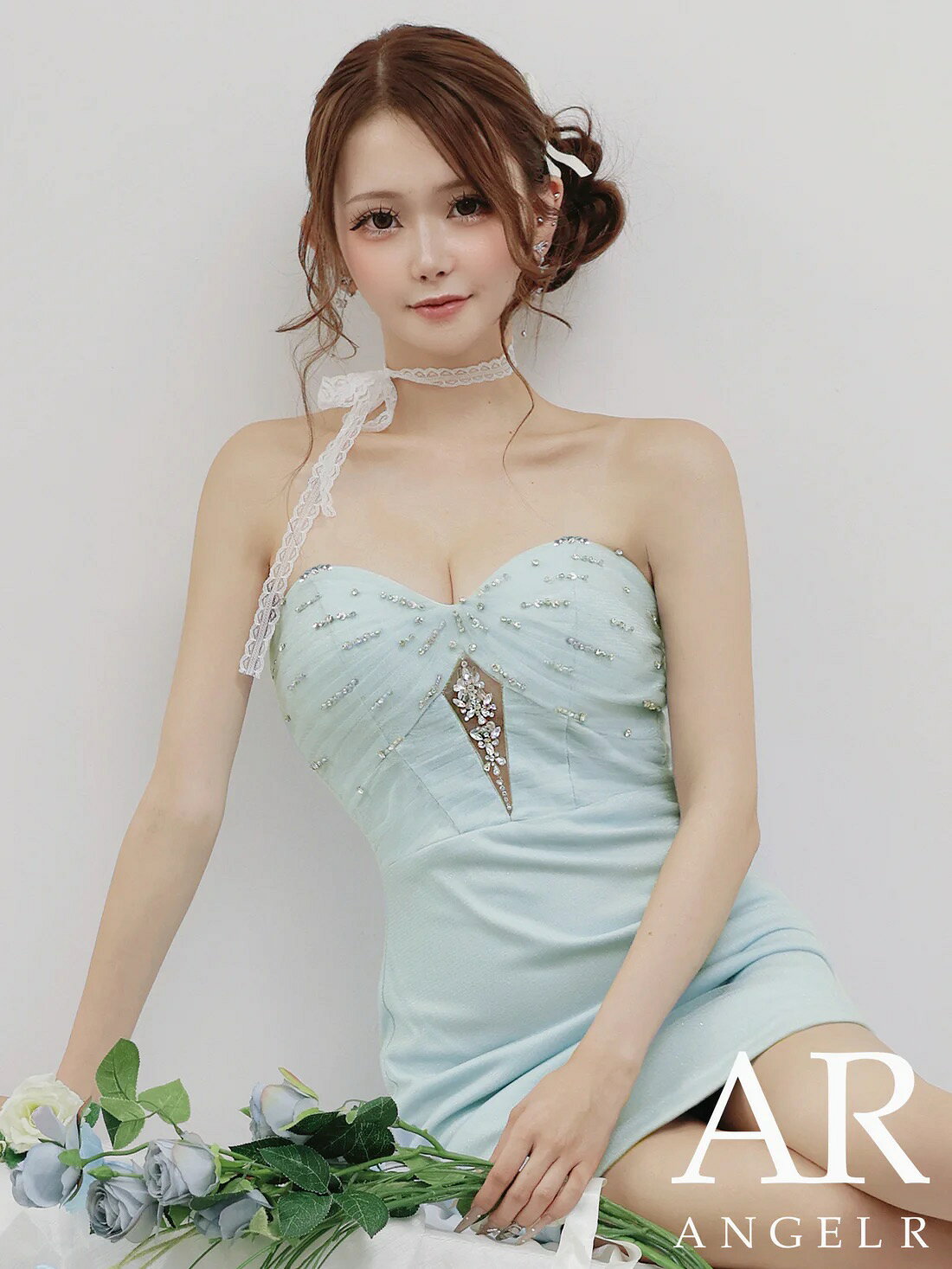 エンジェルアール AngelR キャバドレス ミニ タイト ワンピース XS〜Mサイズ ミニドレス キャミソール キャバ ドレス 　上品 セクシー 谷間 見せ ビジュー メッシュ フロントカット キャバクラ キャバ嬢 レディース 大人 angelr ar25875 送料無料
