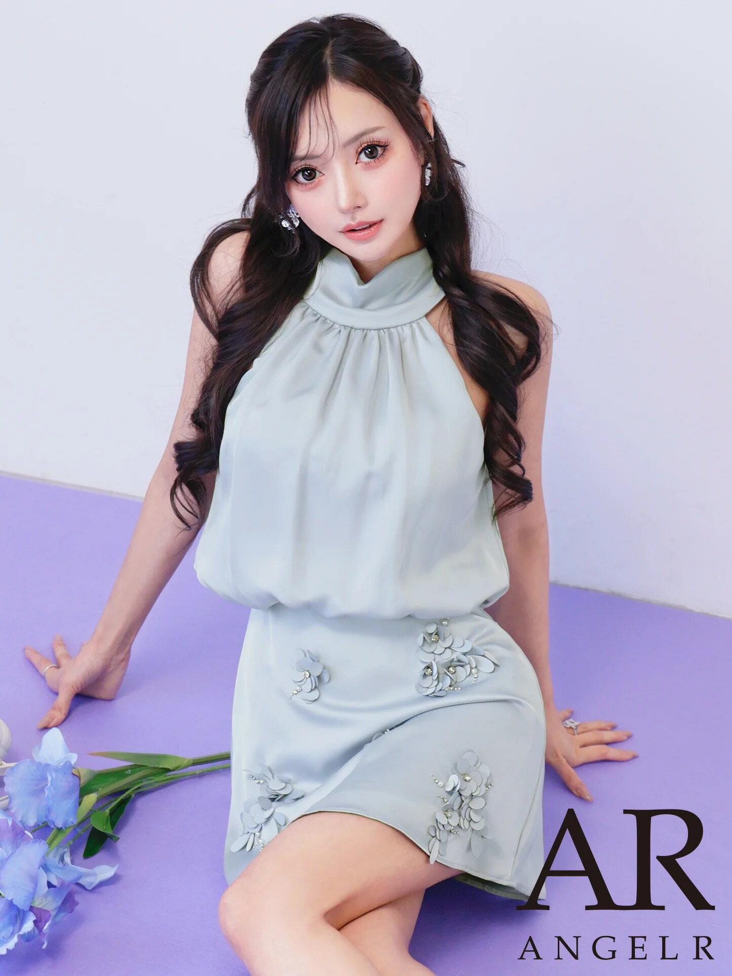 エンジェルアール Angel-R キャバドレス ミニ フレア ワンピース XS～Mサイズ ミニドレス ノースリーブ キャバ ドレス ハイネック かわいい ウエストマーク フラワーレース リボン サテン キャバクラ キャバ嬢 大人 妖艶 レディース angelr ar26803 送料無料