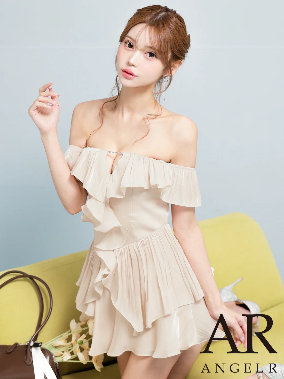 【予約1月下旬】エンジェルアール Angel-R キャバドレス ミニ フレア ワンピース XS～Mサイズ ミニドレス オフショルダー キャバ ドレス セクシー 上品 谷間 見せ フリル ビジューチェーン キャバクラ キャバ嬢 大人 レディース angelr ar26806 送料無料