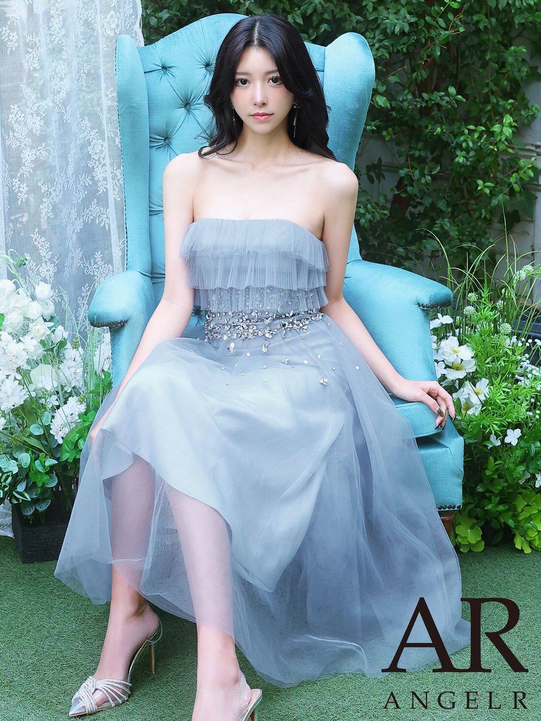 【シリコンブラ付】エンジェルアール AngelR キャバドレス ロング Aライン ワンピース S〜Mサイズ ロングドレス ノースリーブ キャバ ドレス 上品 アッパーフリルデザイン ウエストビジュー 2way キャバクラ キャバ嬢 結婚式 レディース 大人 AngelR ar26813 青 送料無料