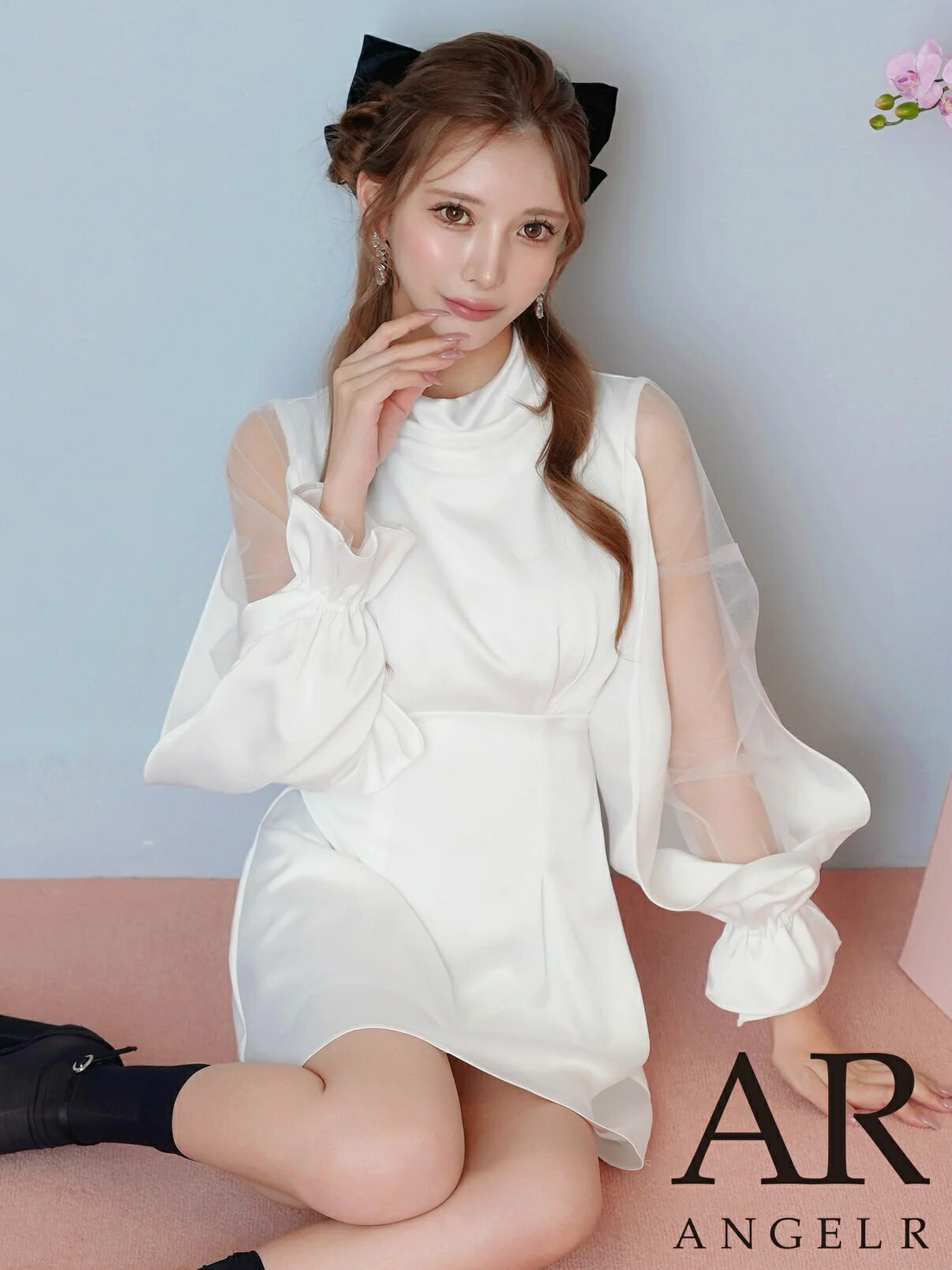 Rakuten - 【P10倍★】【予約5月下旬】エンジェルアール AngelR キャバドレス ミニ フレア ワンピース XS〜Mサイズ ミニドレス 長袖 キャバ ドレス ハイネック チュール サテン バックリボン シアー 可愛い かわいい キャバクラ キャバ嬢 レディース angelr ar26827 送料無料