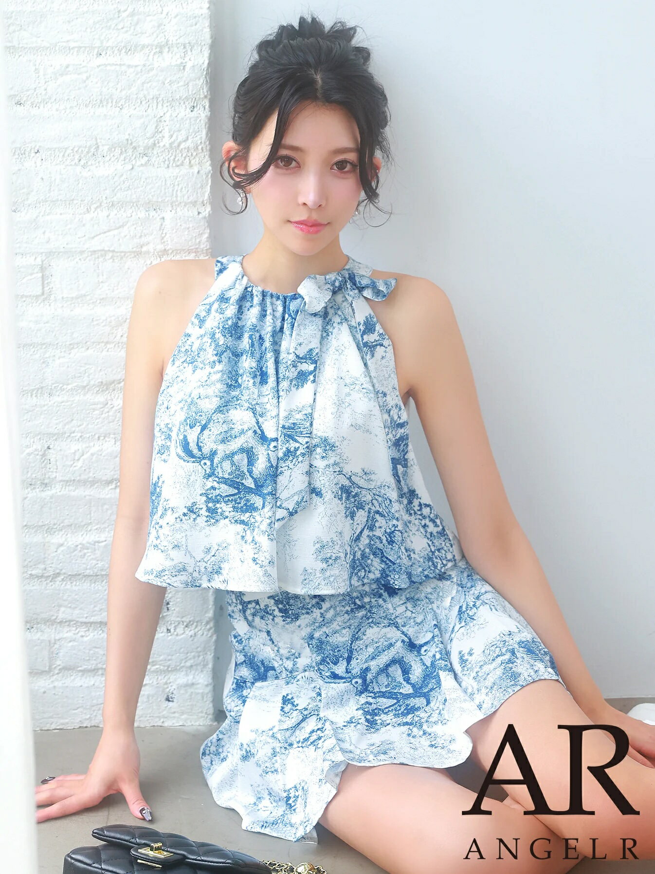 Rakuten - 【シリコンブラ付】【ゆいぴす着用★】【予約6月中旬】エンジェルアール AngelR キャバドレス ミニ フレア セットアップ XS〜Mサイズ ミニドレス ホルターネック キャバ ドレス トワルドジュイ柄 上品 かわいい キャバクラ キャバ嬢 キャバ angelr ar26834 青 送料無料