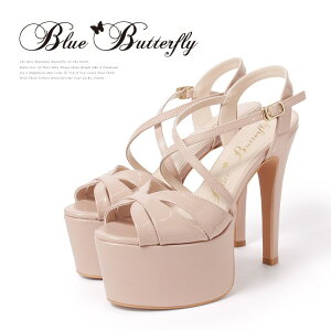 ブルーバタフライ BlueButterfly 厚底 サンダル オープントゥ ピンクベージュ エナメル 15cmヒール 送料無料 キャバ ブランド 高級 ヒール パンプス キャバパンプス キャバヒール キャバサンダル ラウンジ 水商売 ホステス パーティー 結婚式 大人 女性 ハイヒール sh9009