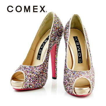 COMEX コメックス オープントゥ パンプス ブラック マルチ シルバー ベージュ×ゴールド キャバパンプス キャバサンダル ハイヒール キャバ ヒール 13cm 21.5 22.0 22.5 23.0 23.5 24.0 24.5 靴 シンプル 黒 サンダル 歩きやすい ブランド