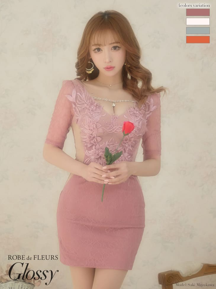 XS〜Lサイズ ローブドフルール グロッシー ROBE de FLEURS Glossy gl2908 刺繍 レース バスト ビジュー タイト ミニ ドレス 送料無料 robedefleurs キャバドレス ミニドレスキャバ嬢 キャバクラ ラウンジ ブランド セクシー ワンピース 長袖 大きいサイズ