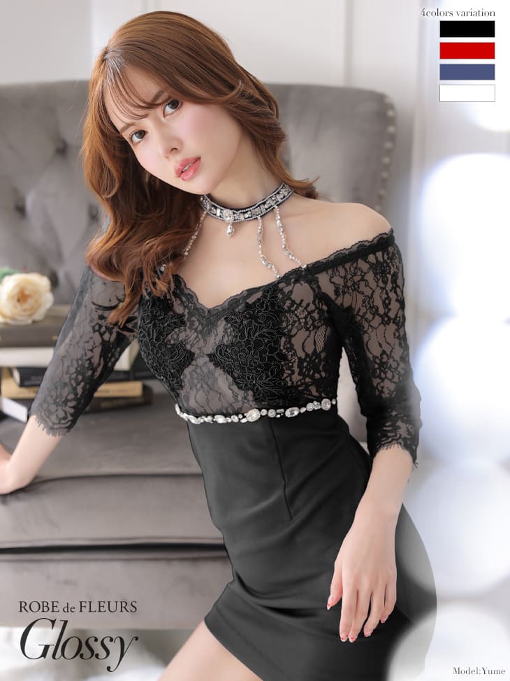 XS〜Mサイズ ローブドフルール グロッシー ROBE de FLEURS Glossy gl3106 ウエスト シースルー ビジュー レース 袖 タイト ミニ キャバ ドレス 送料無料 robedefleurs キャバドレスミニドレス キャバ嬢 キャバクラ ブランド 谷間 セクシー ワンピース半袖