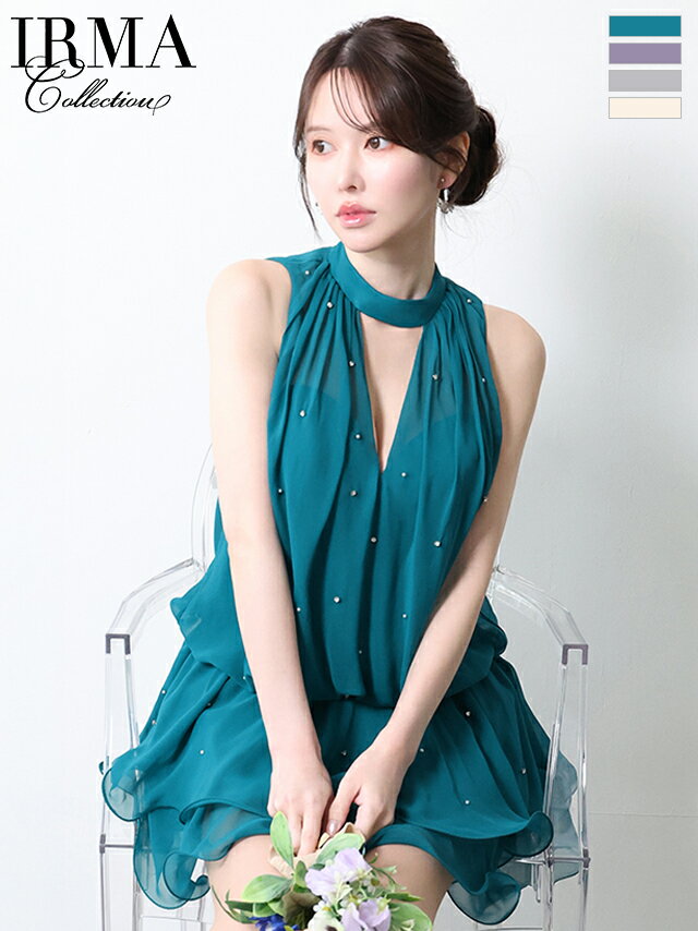 【盛りブラ付き】【予約12月中旬】 イルマ IRMA キャバドレス ミニ フレア ワンピース XS～Mサイズ ミニドレス ノースリーブ ホルターネック キャバ ドレス セクシー 谷間 見せ バックオープン Vネック ビジュー キャバクラ キャバ嬢 結婚式 レディース 大人 51963 送料無料