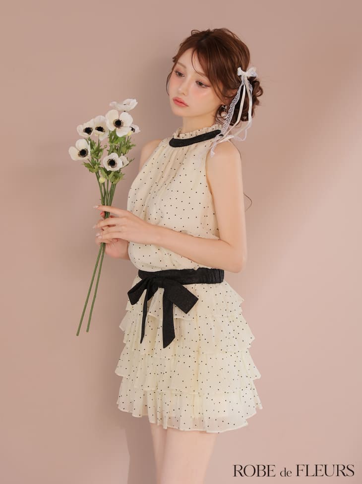 ROBE de FLEURS キャバドレス ドット柄 ミニ ティアード セットアップ XS〜Mサイズ...