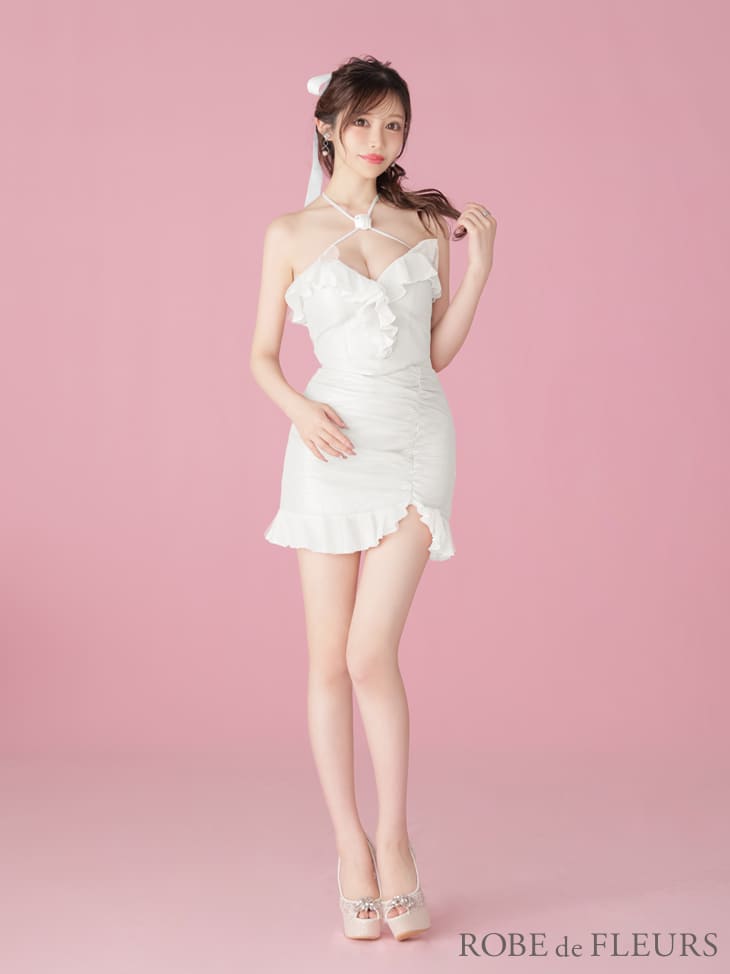 ROBE de FLEURS キャバドレス ミニ サテン バラ柄 セットアップ XS〜Mサイズ クロスネック フリル レディース ローブドフルール キャバ ドレス セクシー 送料無料 ミニドレス キャバ嬢 キャバクラ ノースリーブ 可愛い ラメ レース fm3756