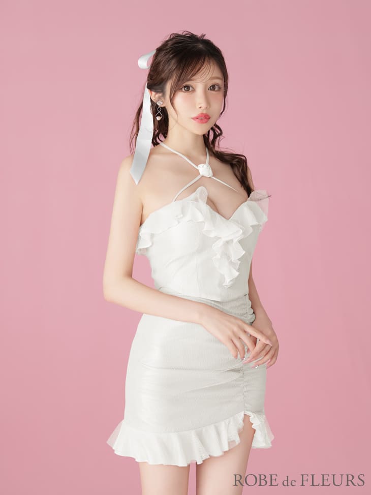 ROBE de FLEURS キャバドレス ミニ サテン バラ柄 セットアップ XS〜Mサイズ クロスネック フリル レディース ローブドフルール キャバ ドレス セクシー 送料無料 ミニドレス キャバ嬢 キャバクラ ノースリーブ 可愛い ラメ レース fm3756