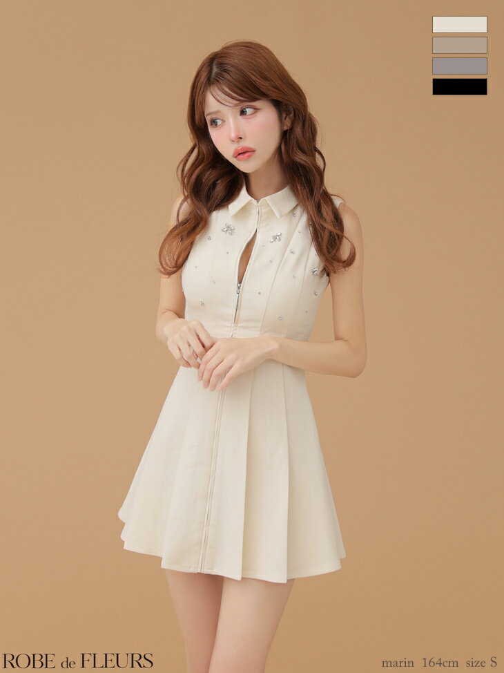ROBE de FLEURS キャバドレス ミニ フレア XS～Mサイズ レディース ワンピース ノースリーブ キャバ ドレス 襟付き かわいい ミニドレス プリーツ フロントファスナー 谷間 見せ セクシー 上品 シンプル キャバ キャバクラ ローブドフルール 送料無料 fm4156
