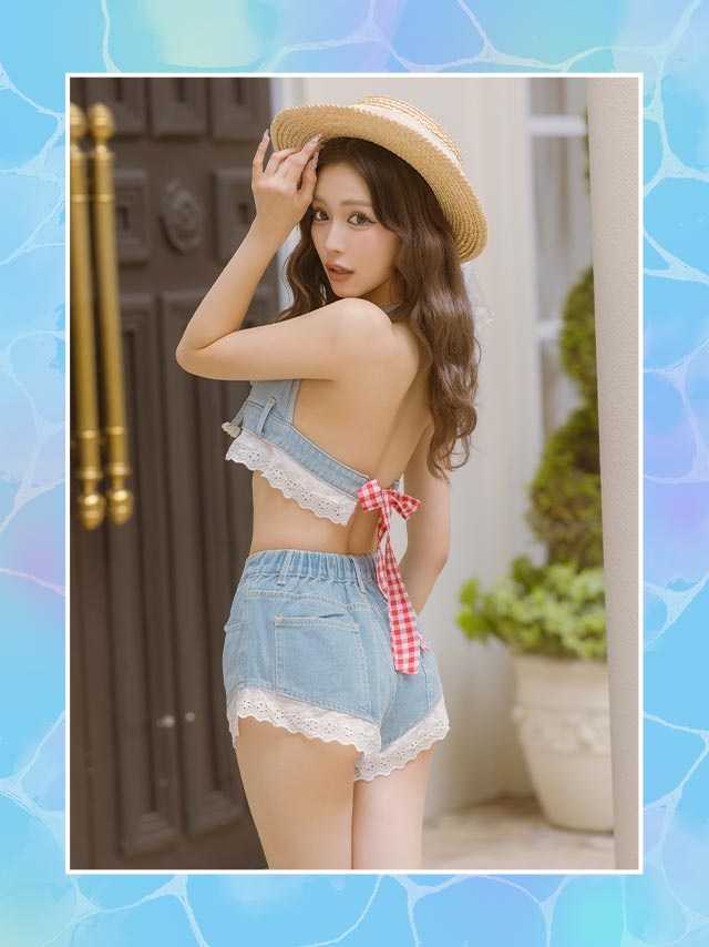 水着 ビキニ リボン デニム ショートパンツ フリル レース ハイウエスト ブルー 青 ライトブルー ビキニセット レディース水着 大人 女子 かわいい セクシー 小胸 韓国 プール 可愛い 体型カバー 露出控えめ 中学生 高校生 貧乳 10代 20代 30代 セット Tika 即日発送